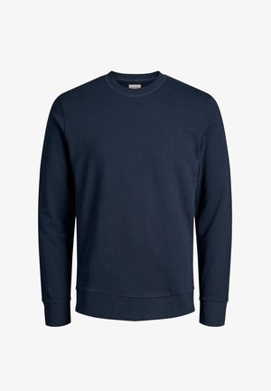 Marineblå crewneck-sweatshirt med lange ærmer og ribstrikkede manchetter og kant, vist på en enkel hvid baggrund.