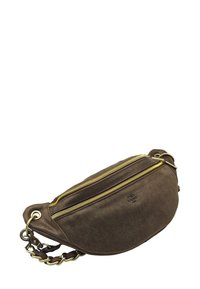 Sac bandoulière en suédine marron avec deux zips dorés et un détail de bandoulière en chaîne.