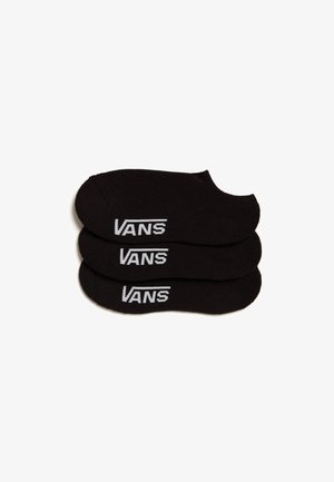 Mustat ei-näkyvät sukat, jotka on valmistettu pehmeästä materiaalista, ja joissa on valkoinen "VANS"-logo painettuna jokaiselle sukalle. Kolme paria pinottuna, pyöristettyjen reunojen kanssa.