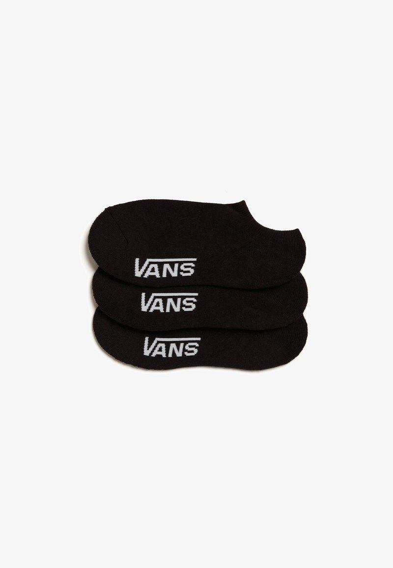 Calzini neri invisibili realizzati in materiale morbido, con il logo bianco "VANS" stampato su ciascun calzino. Tre paia impilati, con bordi arrotondati.