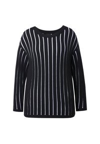 Schwarz-weißer gestreifterPullover mit Rundhalsausschnitt, lockerer Passform und langen Ärmeln. Verfügt über vertikale Streifen auf einem Strickstoff.
