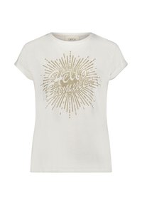 T-shirt en coton blanc avec des manches roulées. Sur le devant, "Hello Summer" est affiché dans un design doré scintillant entouré de lignes rayonnantes.