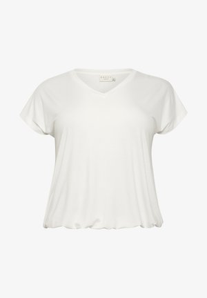 T-shirt bianco con scollo a V realizzato in tessuto morbido, dotato di maniche corte e vestibilità rilassata, con un orlo leggermente arricciato sul fondo.