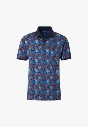 Kortærmet polo-shirt i navy med et tropisk bladmønster i blå og rød. Har en krave og en to-knaps knaplukning.
