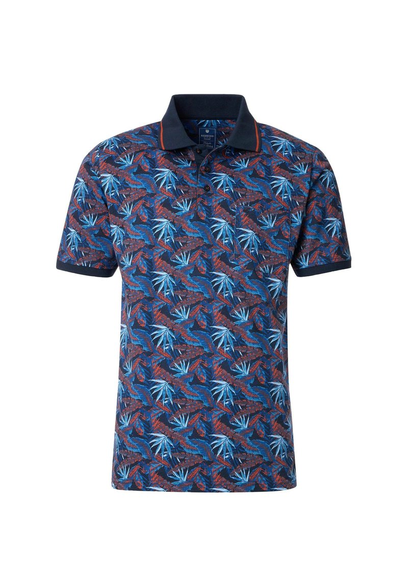 Koszulka polo z krótkim rękawem w granatowym kolorze z tropikalnym wzorem liści w odcieniach niebieskiego i czerwonego. Posiada kołnierzyk i zapięcie na dwa guziki.