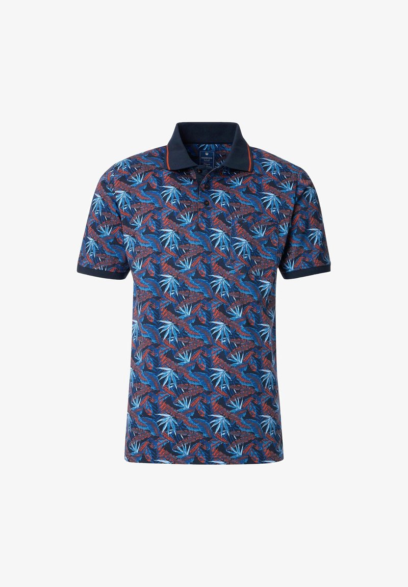 Koszulka polo z krótkim rękawem w granatowym kolorze z tropikalnym wzorem liści w odcieniach niebieskiego i czerwonego. Posiada kołnierzyk i zapięcie na dwa guziki.