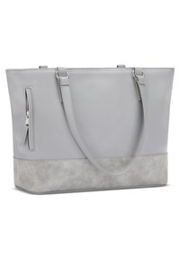 Gray tote bag with smooth leather upper and a textured suede lower section. Features two straps and a side zipper pocket.