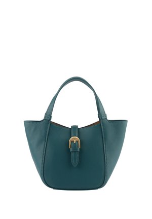 Sac à main en cuir bleu sarcelle de forme trapézoïdale arrondie, avec une poignée unique sur le dessus et une fermeture centrale par boucle dorée.