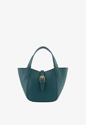 Sac à main en cuir bleu sarcelle de forme trapézoïdale arrondie, avec une poignée unique sur le dessus et une fermeture centrale par boucle dorée.