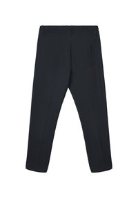 Pantaloni neri con vita elasticizzata, design a gamba dritta, una tasca posteriore singola e una texture liscia e opaca.
