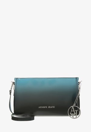Błyszcząca czarno-turkusowa kopertówka Armani Jeans ze srebrnym logo i odpinanym paskiem na nadgarstek.