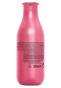Roze plastic fles, gebogen vorm, flip-top deksel, 200 ml capaciteit. Etikettekst in meerdere talen met productdetails en instructies.