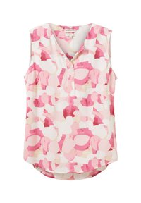 Blouse sans manches avec un décolleté en V, fabriquée en tissu léger avec un motif abstrait rose sur fond crème. Ourlet arrondi.