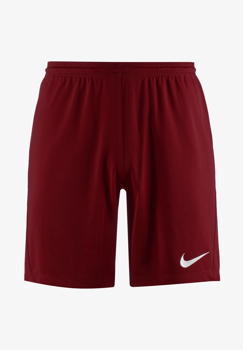 Rote Sportshorts mit einem elastischen Bund, aus glattem Stoff, versehen mit einem weißen Nike-Logo am unteren rechten Bein.