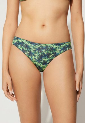 Zielony i granatowy dół bikini z tropikalnym wzorem liści palmowych. Wykonany z elastycznego materiału, o niskim kroju i gładkiej fakturze.