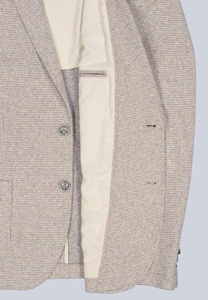 Beige and brown checkered men's blazer with two buttons and light beige inner lining partially visible.