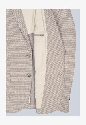 Beige and brown checkered men's blazer with two buttons and light beige inner lining partially visible.