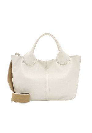 Borsa a mano in pelle bianca con impugnature superiori arrotondate, chiusura con zip e tracolla staccabile color tan. Texture liscia con dettagli minimi.