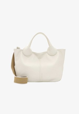 Borsa a mano in pelle bianca con impugnature superiori arrotondate, chiusura con zip e tracolla staccabile color tan. Texture liscia con dettagli minimi.