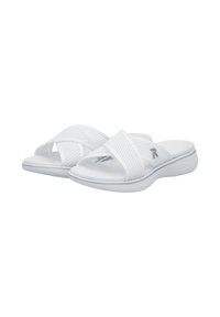 White slide sandals with a textured, perforated upper. Features a cushioned sole and a logo accent on the side. Lightweight design.