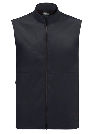Gilet nero senza maniche realizzato in materiale leggero, caratterizzato da un colletto alto, zip frontale e tasche laterali. Design semplice senza motivi.