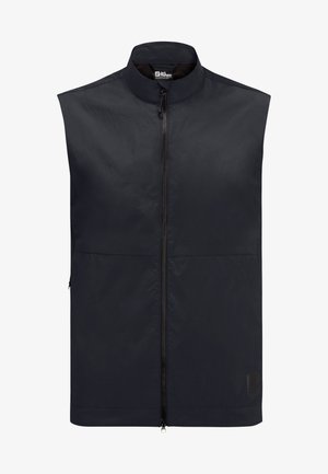 Gilet nero senza maniche realizzato in materiale leggero, caratterizzato da un colletto alto, zip frontale e tasche laterali. Design semplice senza motivi.