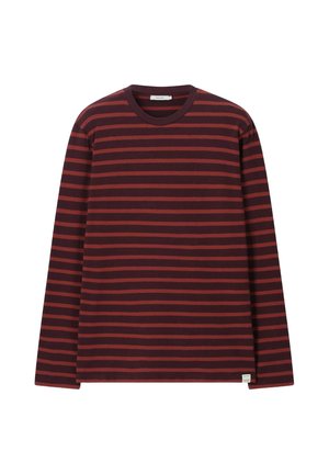 Long-sleeve shirt with horizontal dark red and maroon stripes and a round neckline shown on a white background.