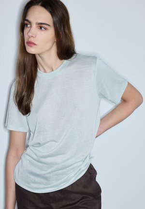 Junge Frau mit langen braunen Haaren, die ein hellblaues kurzärmeliges T-Shirt und dunkle Hosen trägt, posiert mit einer Hand auf der Hüfte.