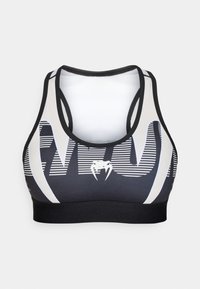 Sutiã desportivo com design às riscas a preto e branco e um logótipo. Feito de tecido elástico, com costas estilo racer e uma banda elástica.