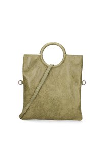 Vierkante olijfgroene tas met een gestructureerde leren afwerking, ronde handgreep en een verstelbare schouderband. Voorzien van zilveren hardwareaccenten.