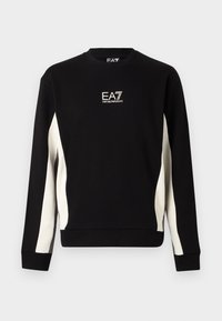 Sudadera negra de manga larga con paneles laterales blancos y el logo EA7 Emporio Armani en blanco centrado en el pecho.