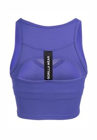 Débardeur de sport violet avec un design dos nageur, doté de sections en mesh et d'un label noir "GORILLA WEAR" à l'arrière.