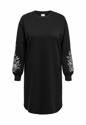 Black sweatshirt dress with long sleeves featuring white floral embroidery on the sleeves. Made from a soft, textured fabric.