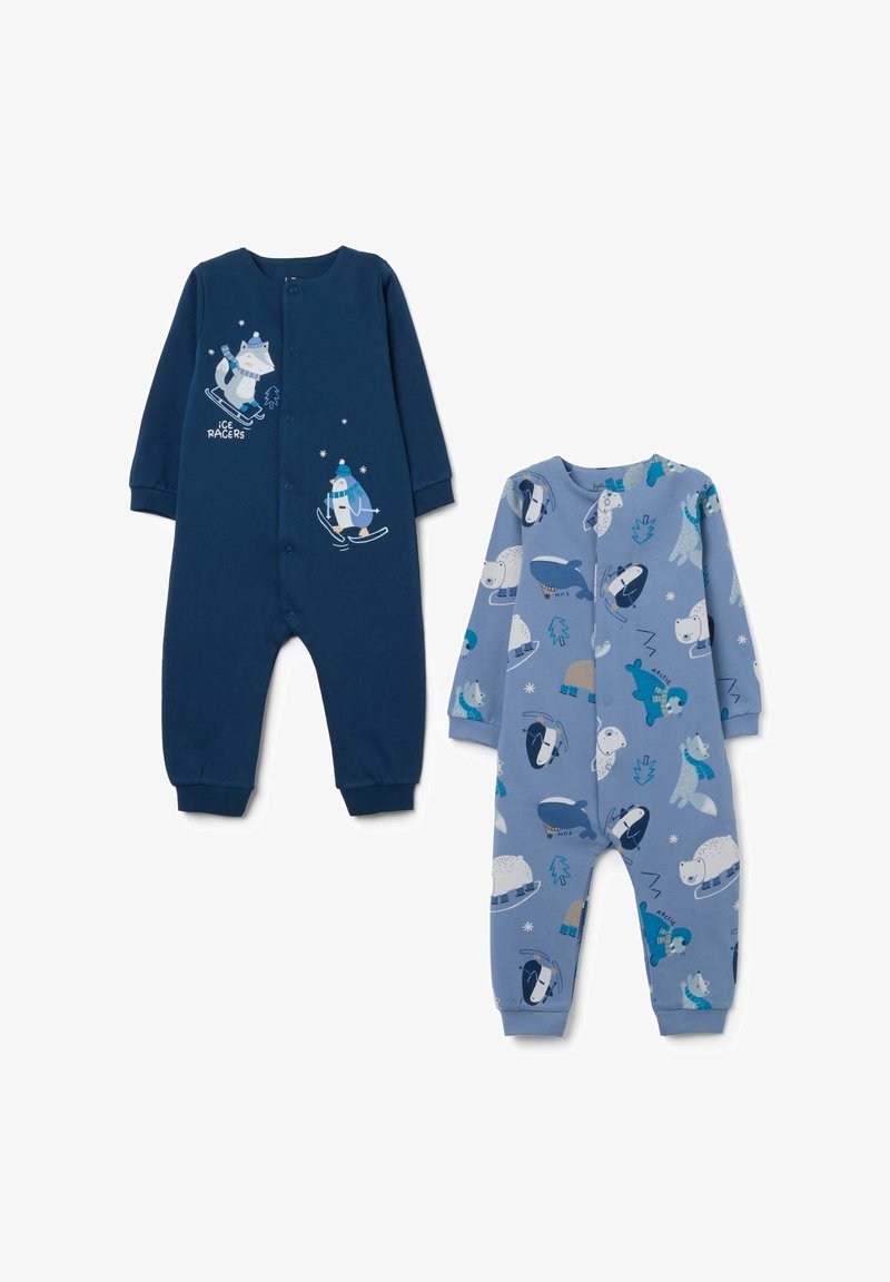 Due tute per bambini: una blu scuro con un grafico di un pinguino sulla neve, l'altra azzurra chiara con vari motivi di animali. Entrambe hanno maniche lunghe.