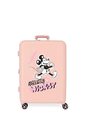 Maleta rígida rosa con cuatro ruedas negras que presenta un gráfico de Mickey Mouse de estilo vintage y el texto "Absolutamente Mickey."