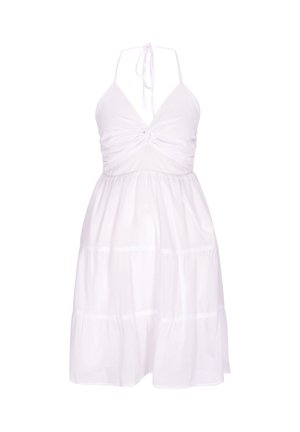 Bílé bezrukávové šaty na zavazování za krk s nařaseným živůtkem a vícevrstvou splývavou sukní, délka ke kolenům, vhodné pro neformální letní nošení.