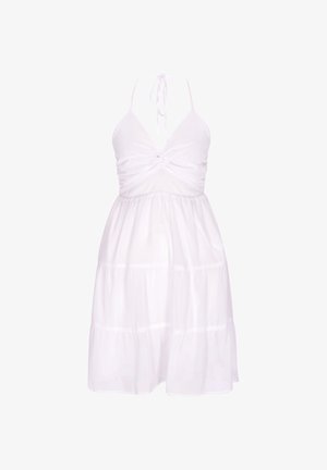 Weißes ärmelloses Neckholderkleid mit geraffter Brustpartie und stufigem, fließendem Rock, knielang, geeignet für legere Sommerkleidung.