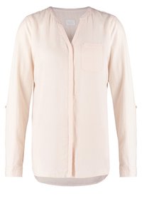 Blusa rosa chiaro a maniche lunghe con scollo a V, tasca frontale e dettagli in bottoni sulle maniche. Tessuto morbido, taglio dritto e orlo posteriore più lungo.