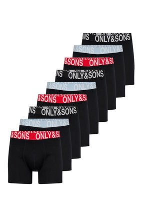Dziewięć par czarnych męskich bokserek z elastycznymi pasami w kolorach czerwonym, jasnoniebieskim i czarnym, każda z nadrukiem "ONLY & SONS".