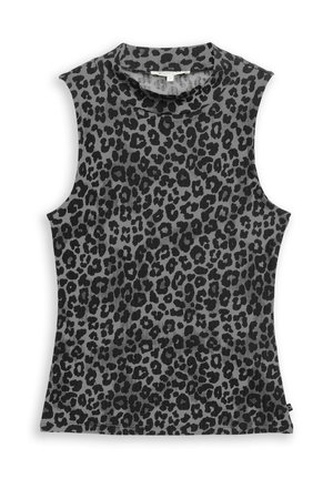 Mouwloze nauwsluitende top met hoge hals, voorzien van een zwart-grijs luipaardprintpatroon.