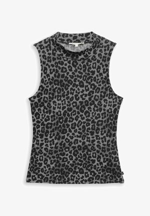 Mouwloze nauwsluitende top met hoge hals, voorzien van een zwart-grijs luipaardprintpatroon.