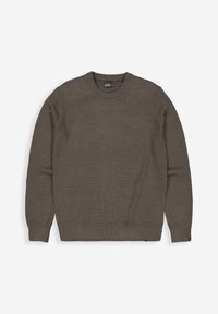 Braun gerippter Rundhalsausschnitt-Pullover mit langen Ärmeln, der ein strukturiertes Strickmuster und eine durchgehend einfarbige Optik aufweist.