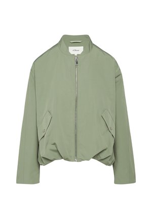 Leichte grüne Bomberjacke mit hohem Kragen, Frontreißverschluss und seitlichen Taschen mit Druckknopfverschluss; aus glattem, leichtem Material gefertigt.