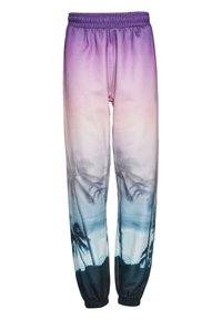 Pantaloni tuta con una sfumatura dal viola al blu, con una stampa di silhouette di palma nella parte inferiore e una vita elastica.