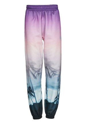 Joggebukser med en gradient fra lilla til blå, med et palmetrær-silhouette trykk nederst og elastisk midjebånd.