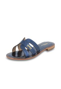 Infradito blu navy con tre fasce larghe, realizzati in materiale sintetico lucido e con una soletta in pelle liscia, con suola in legno.