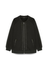 Giacca felpa nera con zip frontale, maniche raglan e decorazioni di borchie lungo le spalle e le cuciture laterali. Due tasche con zip.
