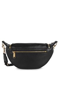 Sac à main en cuir noir avec une forme incurvée, des zips dorés et une bandoulière amovible. La surface texturée offre une finition subtile.