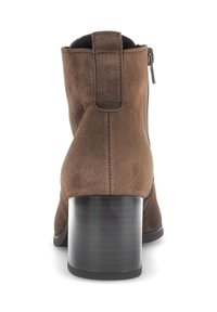 Brown suede ankle boot with a high, glossy black heel and a side zipper for easy wear. The boot features a smooth texture and a round toe.