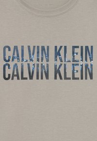 Šviesiai pilkas marškinėliai, pagaminti iš minkštos medvilnės, su „CALVIN KLEIN“ užrašu drąsiais tamsiai mėlynais rašmenimis ir miesto peizažo raštu. Apvali apykaklė.